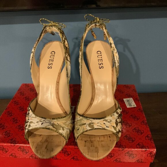 Guess Elegant 2 Yellow Multi Peep Toe Satin Heel Size 9 - Picture 5 of 6